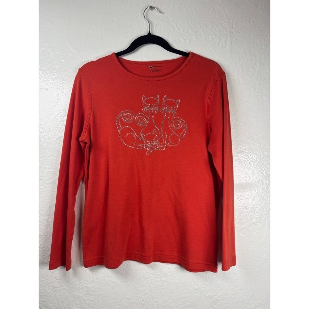 Womens Orange Long Sleeve T Shirt Sz L Rhinestone Cat Halloween Whimsigoth‎